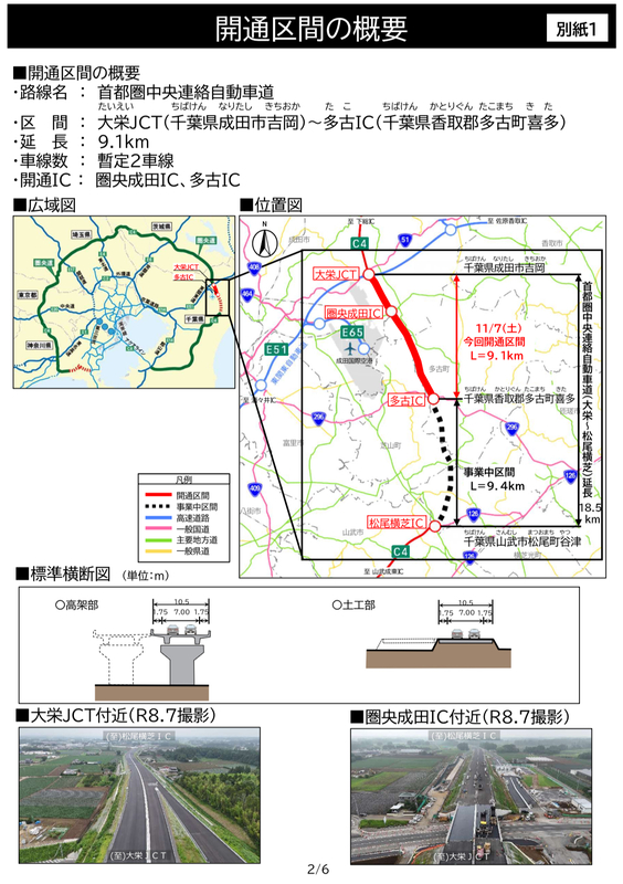 圏央道大栄JCT～多古ICは11月7日開通・神崎IC～大栄JCTは令和8年11月に