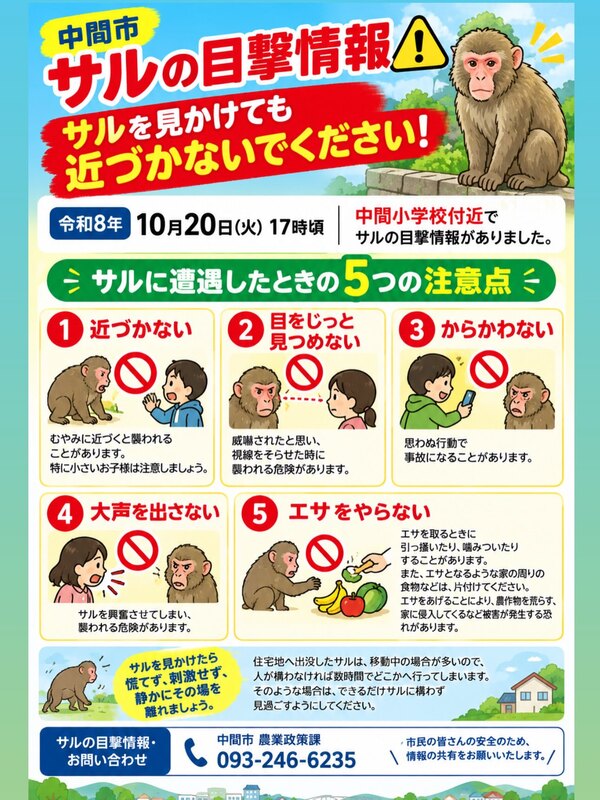🌈【中間市】⚠️サルの目撃情報‼️🐒📢サルを見かけても、近づかない